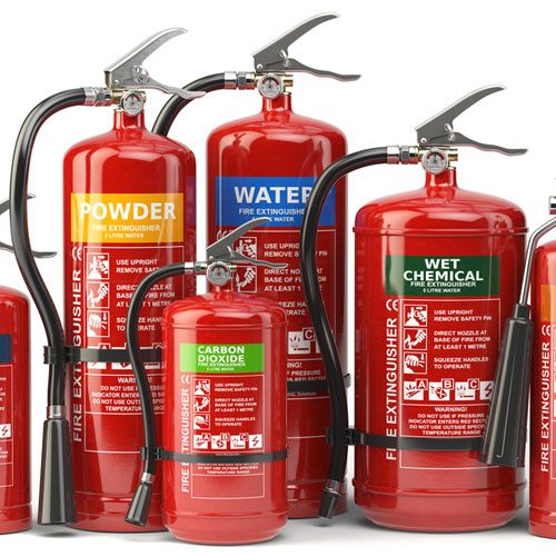 Range of various fire extinguishers